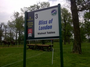 Rolex Kentucky 3 day event, sponsored fence, Bliss of London Walnut tables